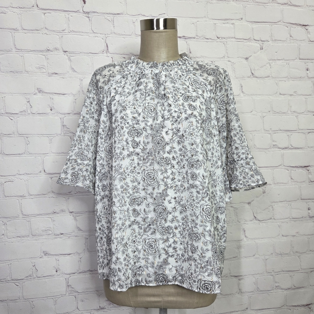 LOFT Floral Blouse in Gray and White Ruffle Bell Sleeves Gold Speckles